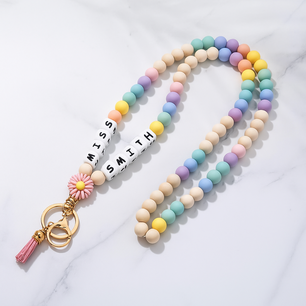 Personalised Beaded Lanyard β Rainbow Pastel