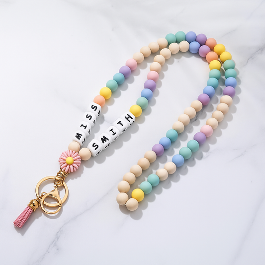 Personalised Beaded Lanyard – Rainbow Pastel